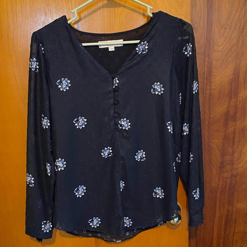 LOFT Navy blouse with floral accents